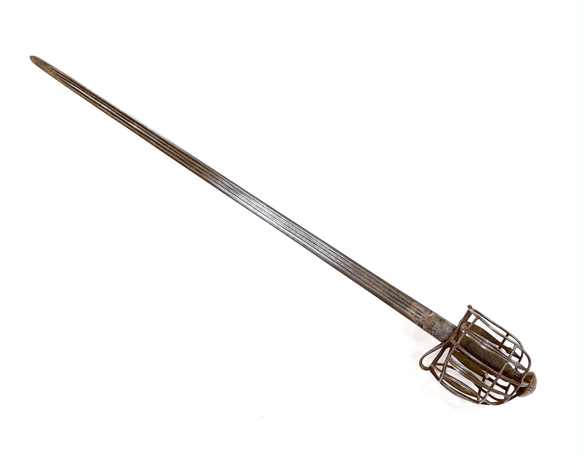 An early 18th century Scottish or English broadsword, with steel basket and pommel and triple fullered Andrea Ferara blade, blade 84cm